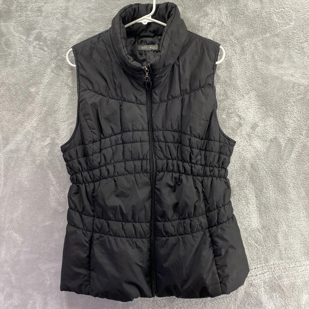 Roz & Ali Womens Black Long Puffer Vest Elastic Fit Zip Pockets Medium